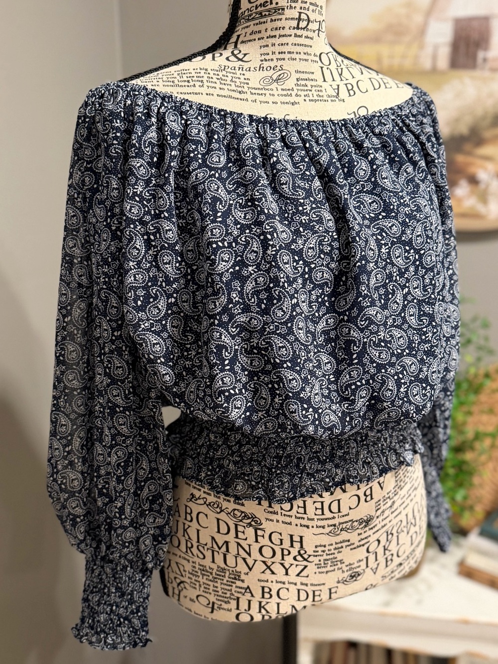 She + Sky Navy Paisley Off-Shoulder Blouson Top